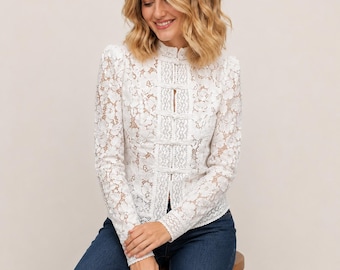 Svart spetsblus för kvinnor, hög halsringning, puffärm, romantisk topp i vintagestil