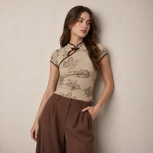 Blommig, mandarinfärgad crop top, vintageinspirerad blus, nyckelhålsringning med kort ärm bild 4