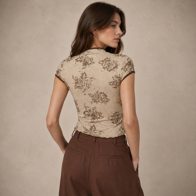 Blommig, mandarinfärgad crop top, vintageinspirerad blus, nyckelhålsringning med kort ärm bild 11