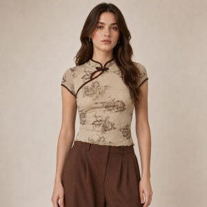 Blommig, mandarinfärgad crop top, vintageinspirerad blus, nyckelhålsringning med kort ärm bild 8