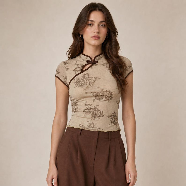 Blommig, mandarinfärgad crop top, vintageinspirerad blus, nyckelhålsringning med kort ärm bild 8