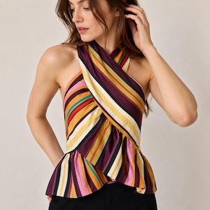 Multicolor Striped Halter Top, Wrap Peplum Blouse, Sleeveless Resort Wear