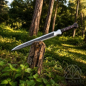 May include: A long sword with a silver-colored blade featuring a textured, scalloped spine and a sharp point. The handle is made of dark brown wood with metallic pins and a hexagonal pommel. The sword is embedded into a vertical tree stump.