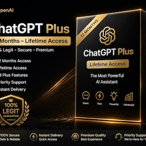 May include: A black rectangular box with gold accents labeled ChatGPT Plus. The text reads 12 Months - Lifetime Access, 100% Legit, Secure, Premium, Priority Support, and Instant Delivery. A gold shield icon displays 100% Legit Guaranteed.