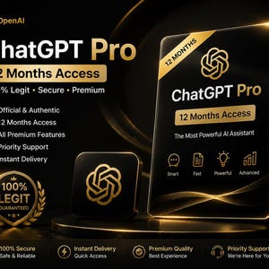 May include: A black and gold promotional graphic for ChatGPT Pro 12 Months Access. The design features the OpenAI logo, text detailing premium features like priority support and instant delivery, and a gold 100% legit guaranteed seal.