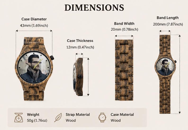 May include: A wooden watch with a custom photo dial featuring a person with glasses. Dimensions include a 43mm (1.69 inch) case diameter, 12mm (0.47 inch) thickness, 20mm (0.78 inch) band width, and 200mm (7.87 inch) length. The watch weighs 50g (1.76 oz).