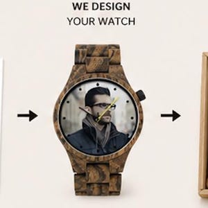 May include: A three-step process graphic showing a square photo of a person with glasses, a wooden wristwatch featuring the same photo on its face, and the watch inside a square box. Text reads: CHOOSE YOUR PHOTO, WE DESIGN YOUR WATCH, RECEIVE YOUR CUSTOM WATCH.