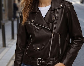 Brown Leather Biker Jacket | Classic Belted Moto Coat, Asymmetric Zip
