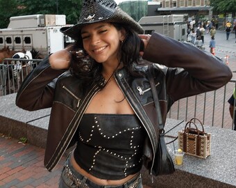 Women's Sheepskin Leather Biker Jacket | Cropped Moto Jacket Corduroy Trim | Made to Order
