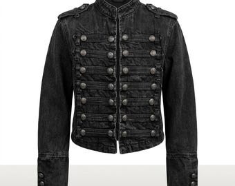Black Military Denim Jacket | Napoleon Band Style Silver Buttons, Gothic Streetwear