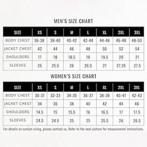 May include: A size chart graphic featuring two tables labeled Size Chart with rows for body chest, jacket chest, shoulders, and sleeves. The columns list sizes from XS to 3XL with numerical values in inches. Text at the bottom provides contact info.