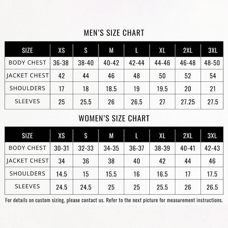 May include: A size chart graphic featuring two tables labeled Size Chart with rows for body chest, jacket chest, shoulders, and sleeves. The columns list sizes from XS to 3XL with numerical values in inches. Text at the bottom provides contact info.