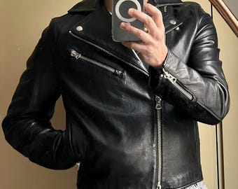 Men's Black Genuine Leather Biker Jacket | Asymmetric Zip Moto Coat (Made to Order)