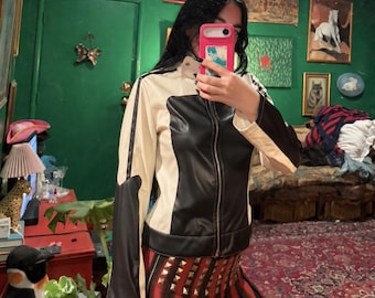 Women's Sheepskin Leather Jacket | Cream Black Two Tone Biker Racer Jacket | Made to Order