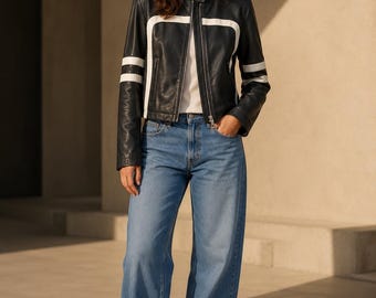 Black Sheepskin Leather Cropped Biker Jacket | White Stripe Cafe Racer Moto