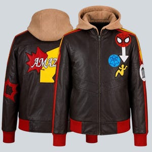 Spider-Man Leather Jacket |Men's Peter Parker Marvel Rivals Cosplay | Tom Holland Inspired Hooded Bomber | Embroidered Patches