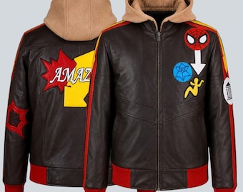 Spider-Man Leather Jacket |Men's Peter Parker Marvel Rivals Cosplay | Tom Holland Inspired Hooded Bomber | Embroidered Patches