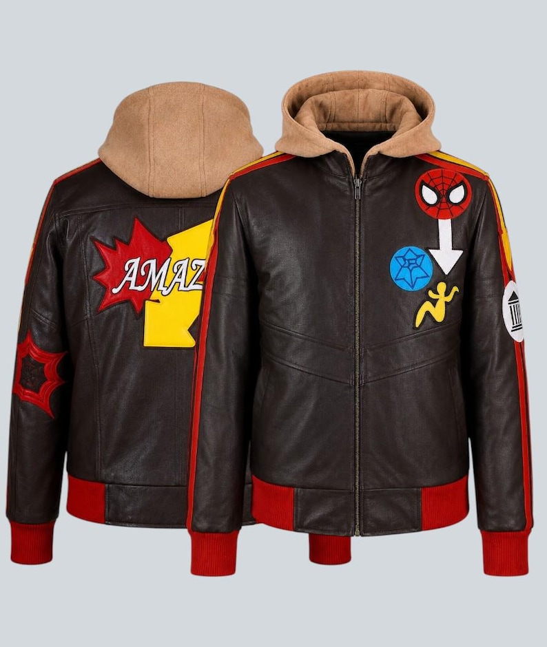Spider-Man Leather Jacket |Men's Peter Parker Marvel Rivals Cosplay | Tom Holland Inspired Hooded Bomber | Embroidered Patches