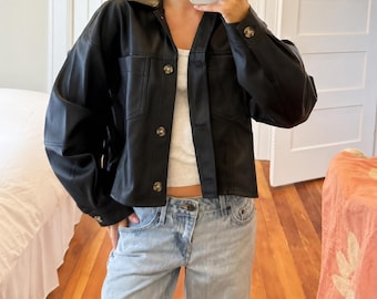 Women's Cropped Leather Trucker Jacket | Oversized Boxy Vegan Leather Shacket | Made to Order