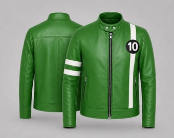 Ben 10 Alien Hero Cosplay Biker Jacket | Green Faux Leather Number 10 Stripe