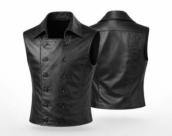 Spider Noir Men's Black Leather Vest | Double Breasted Cosplay Waistcoat | Comic Style Sleeveless Jacket