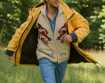 Men's Fox Cowichan Sweater | Chunky Wool Hand Knit Cardigan Shawl Collar Jacket