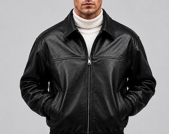 Men's Black Leather Bomber Jacket | Oversized Vintage 90s Sheepskin | Retro Streetwear Custom Made