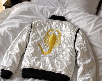 Ryan Gosling Drive Scorpion Bomber Jacket | Quilted Satin Retro Silver Jacket