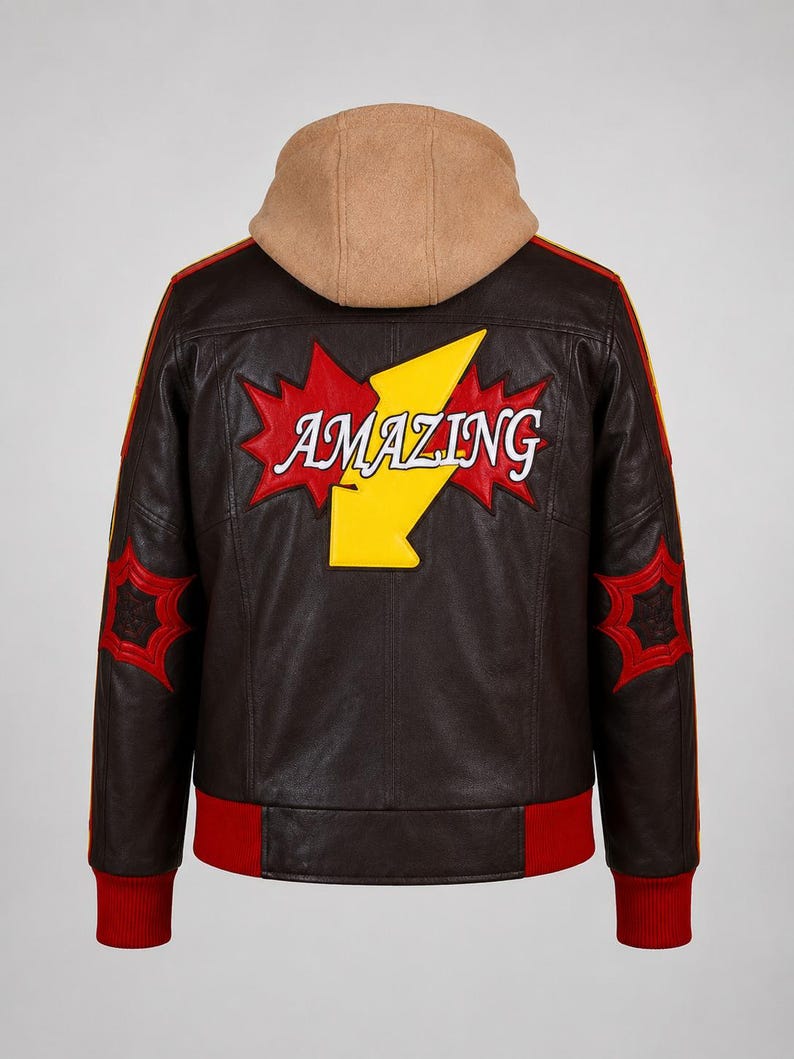 May include: A dark brown leather jacket featuring a tan hood, red ribbed cuffs and hem, and red and yellow sleeve stripes. The back displays a large yellow lightning bolt graphic with the word AMAZING in white text over a red starburst.
