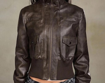 Brown Cropped Leather Bomber Jacket, Vintage Aviator Y2K Streetwear