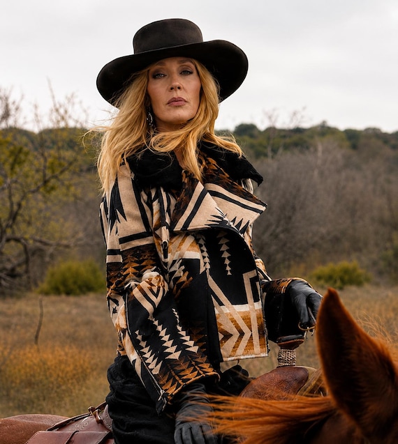 Women's Aztec Wool Aviator Jacket with Shearling Collar – Ranch Style Outerwear