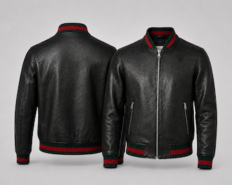 Men's Black Leather Bomber Jacket | Striped Ribbed Collar, Red Lining, Italian Style