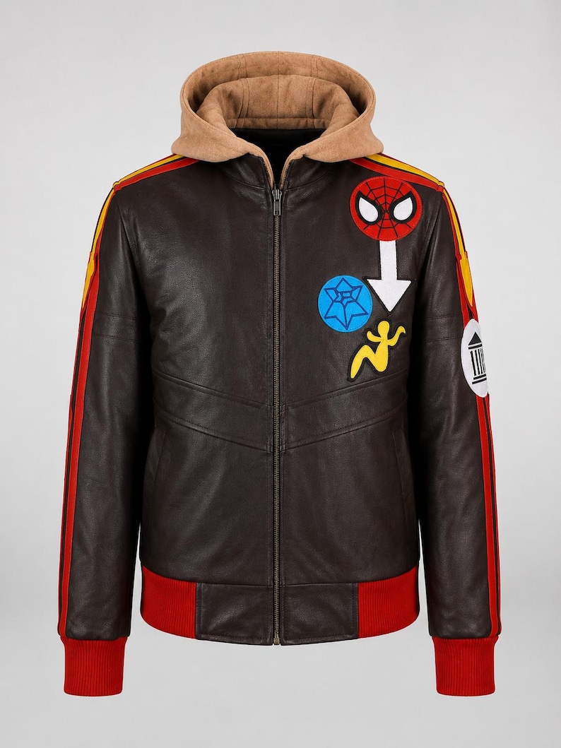 May include: A dark brown leather jacket with a tan hood, featuring a red Spider-Man mask patch, a blue star-shaped patch, and a yellow figure patch on the chest. The sleeves have red and yellow stripes, and the cuffs and hem are red ribbed knit.