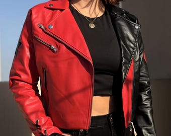Red Black Leather Biker Jacket | Two-Tone Star Patch Moto, Lace Cuffs