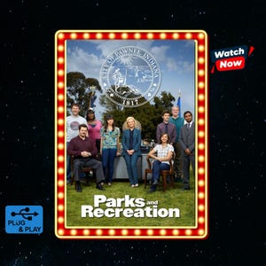 Peut inclure: Une affiche promotionnelle pour la série télévisée Parks and Recreation montrant neuf personnes sur une pelouse. L'image est encadrée par des ampoules et inclut le texte City of Pawnee Indiana 1817, Watch Now, et Plug & Play.