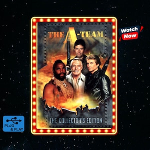 May include: The A-Team The Collector's Edition DVD cover featuring four men against a fiery background, framed by a marquee light border. The text reads The A-Team, The Collector's Edition, Watch Now, and Plug & Play with a USB icon.