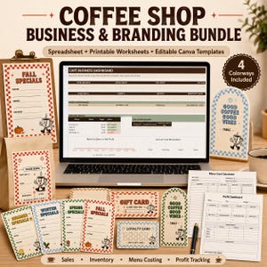 May include: A coffee shop business and branding bundle featuring a laptop displaying a business dashboard, surrounded by printed templates including fall specials, gift cards, loyalty cards, and menu cost calculators with a retro cartoon coffee cup.