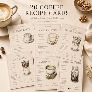 Puede incluir: Una colección de 20 tarjetas de recetas de café con texto impreso e ilustraciones de varias bebidas de café, incluyendo un latte clásico, latte de vainilla, macchiato de caramelo, latte helado, latte de matcha y cold brew de vainilla.