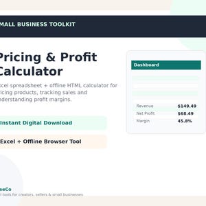 May include: A digital small business toolkit featuring a pricing and profit calculator. The interface displays text including Small Business Toolkit, Pricing & Profit Calculator, Instant Digital Download, Excel + Offline Browser Tool, and a dashboard showing revenue of $149.49, net profit of $68.49, and a 45.8% margin.