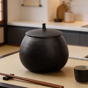 May include: A round, matte black ceramic lidded jar with a textured surface, accompanied by a pair of brown wooden chopsticks resting on a small black holder and a matching small black ceramic cup with a light-colored interior.