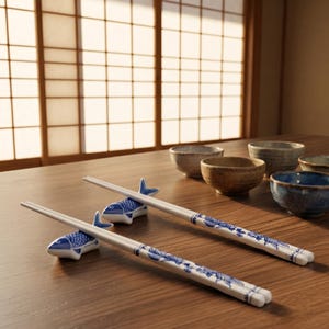 May include: Two pairs of white ceramic chopsticks featuring blue floral and vine patterns along the handles, each resting on a blue and white ceramic fish-shaped chopstick holder. The chopsticks are arranged horizontally on a wooden surface.