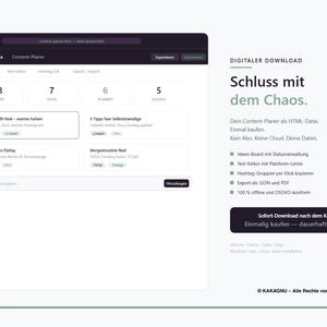 Könnte beinhalten: Eine digitale Content-Planer-Oberfläche auf einem Bildschirm mit einem Dashboard und Aufgabenstatus-Spalten. Rechts steht der Text: DIGITALER DOWNLOAD, Schluss mit dem Chaos, sowie eine Liste mit Funktionen wie Ideen-Board, Text-Editor und Offline-Zugriff.