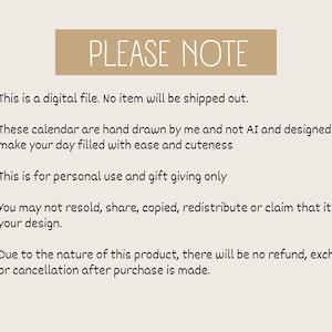 May include: A digital file information graphic with a tan header reading PLEASE NOTE in white text. Below are five bullet points in dark brown text detailing usage terms, stating it is a hand-drawn calendar file for personal use only.