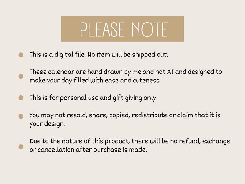 May include: A digital file information graphic with a tan header reading PLEASE NOTE in white text. Below are five bullet points in dark brown text detailing usage terms, stating it is a hand-drawn calendar file for personal use only.