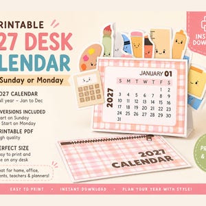 Peut inclure: Un calendrier de bureau imprimable 2027 avec un motif à carreaux rose et blanc. Le calendrier affiche le mois de janvier avec des dates commençant le dimanche ou le lundi. Il comprend diverses icônes de papeterie et du texte.