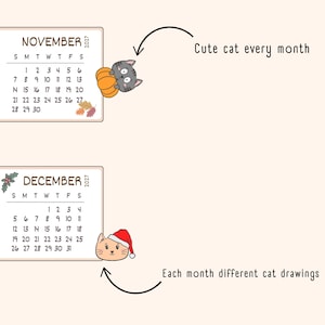 May include: A 2027 calendar featuring November and December pages. November shows a gray cat with a pumpkin and autumn leaves. December displays a cat wearing a Santa hat and holly. Text includes "Cute cat every month" and "Each month different cat drawings."