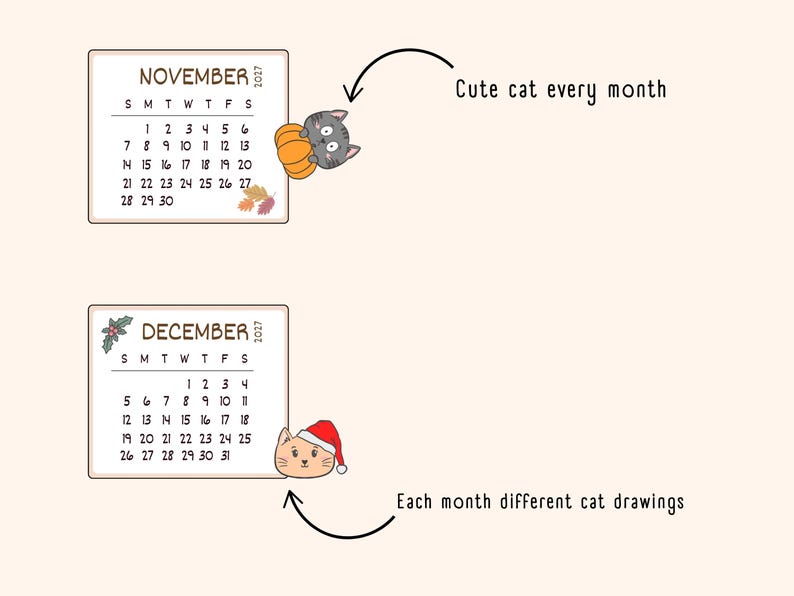 May include: A 2027 calendar featuring November and December pages. November shows a gray cat with a pumpkin and autumn leaves. December displays a cat wearing a Santa hat and holly. Text includes "Cute cat every month" and "Each month different cat drawings."