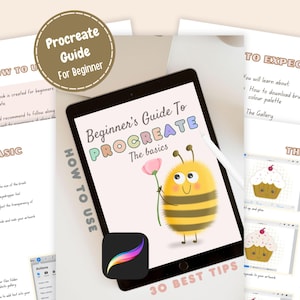 Pode incluir: Um tablet digital exibindo um guia para iniciantes do Procreate com uma abelha de desenho animado segurando uma flor rosa. A tela mostra texto incluindo How To Use e 30 Best Tips. As páginas ao redor mostram instruções e ilustrações.
