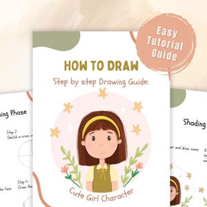 Puede incluir: Una guía de tutorial de dibujo digital titulada HOW TO DRAW con el subtítulo Step by step Drawing Guide y Cute Girl Character. La página presenta una ilustración de una niña con cabello castaño y una diadema amarilla, rodeada de estrellas y plantas.