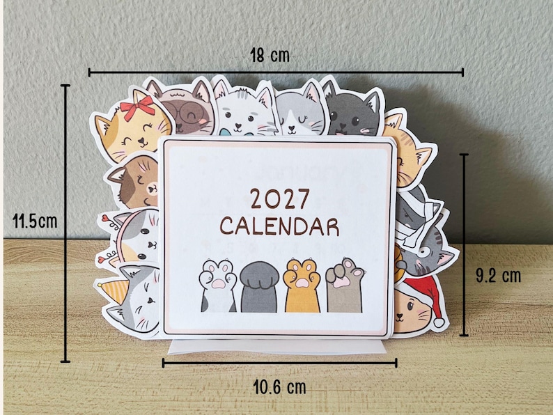 Hand-drawn Printable Desk Kawaii Cat Calendar 2027 - PDF, SVG, PNG Stackable Calendar image 8